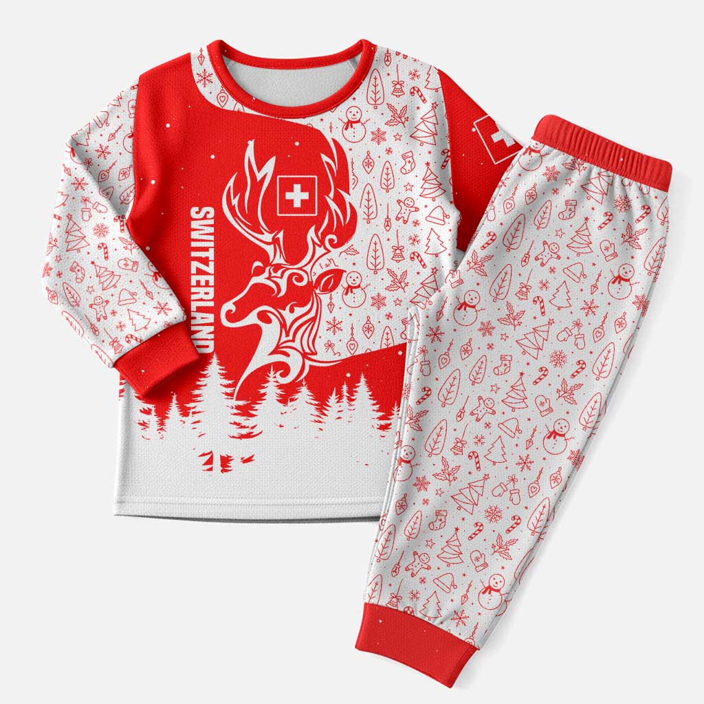 Switzerland Christmas Pajama Set with Red Reindeer Snow Forest and Holiday Icon - Wonder Print Shop