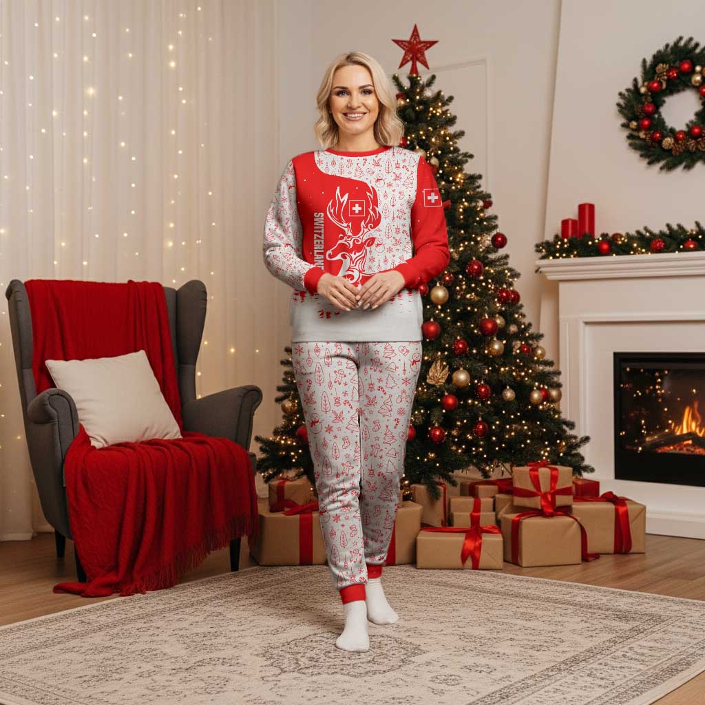 Switzerland Christmas Pajama Set with Red Reindeer Snow Forest and Holiday Icon - Wonder Print Shop