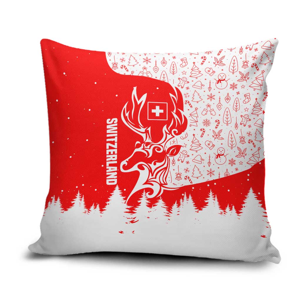 Switzerland Christmas Pillow Cover with Red Reindeer Snow Forest and Holiday Icon - Wonder Print Shop