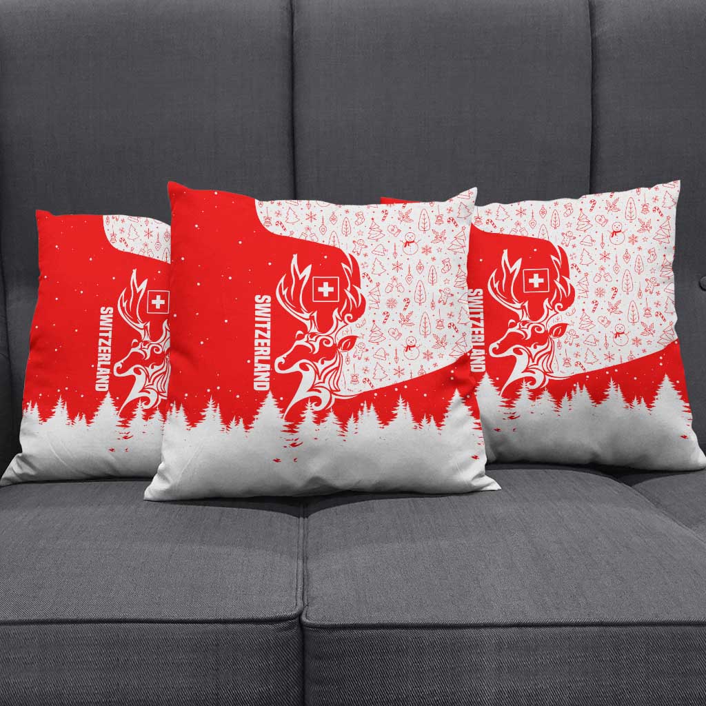 Switzerland Christmas Pillow Cover with Red Reindeer Snow Forest and Holiday Icon - Wonder Print Shop