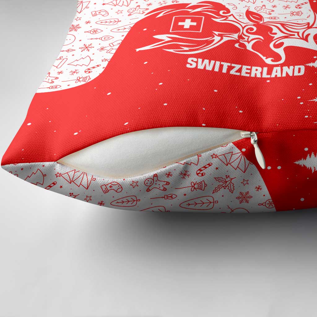 Switzerland Christmas Pillow Cover with Red Reindeer Snow Forest and Holiday Icon - Wonder Print Shop