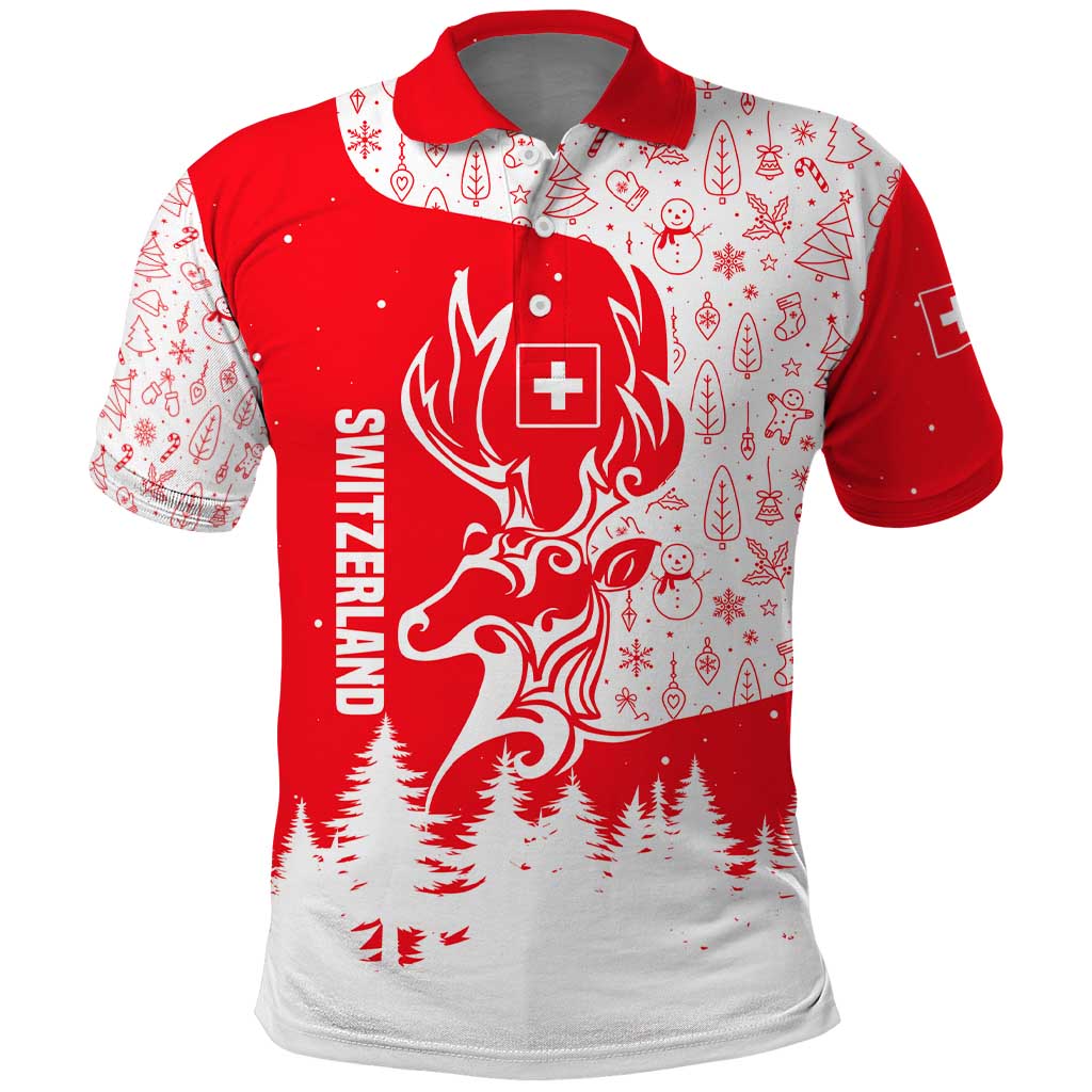 Switzerland Christmas Polo Shirt with Red Reindeer Snow Forest and Holiday Icon - Wonder Print Shop