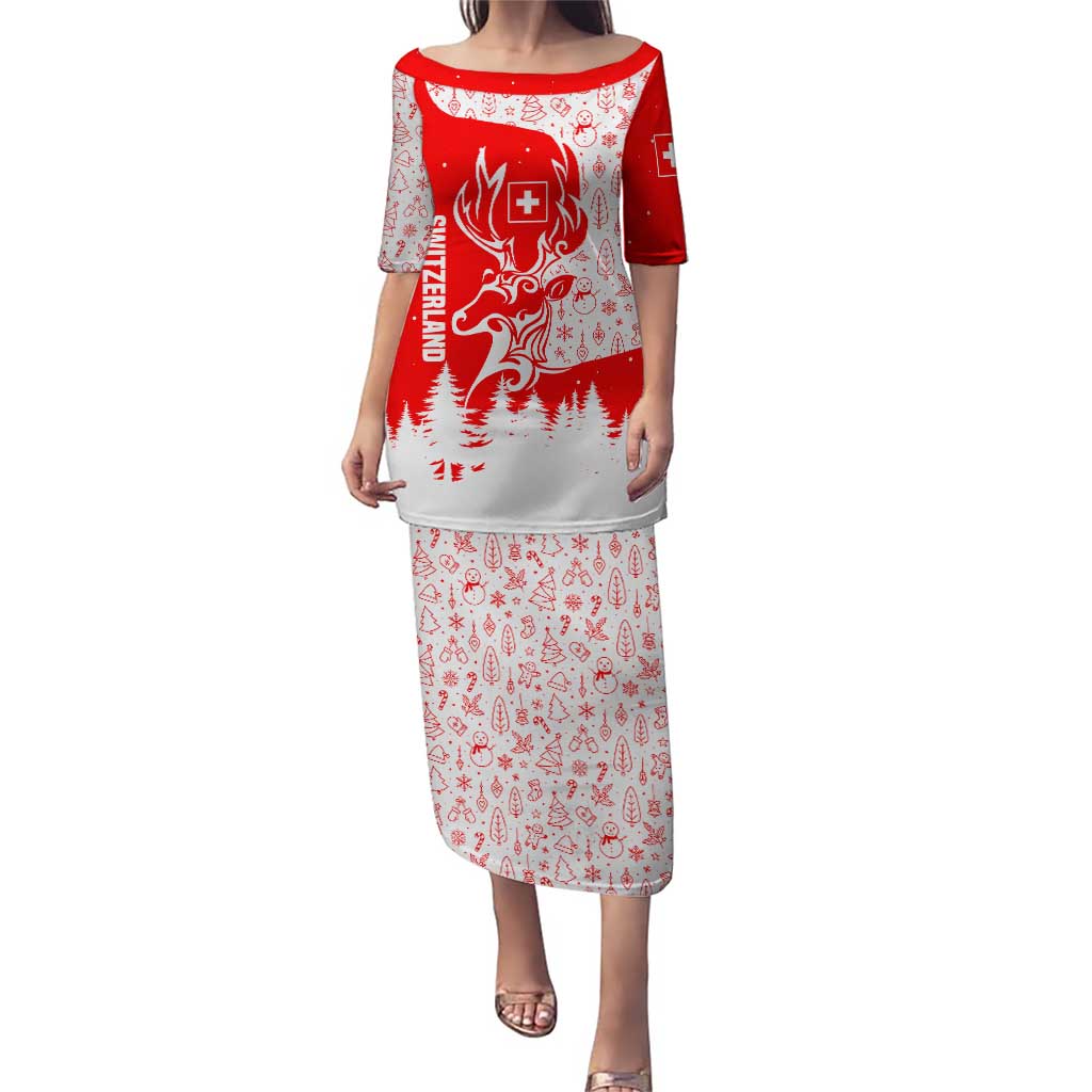 Switzerland Christmas Puletasi with Red Reindeer Snow Forest and Holiday Icon - Wonder Print Shop