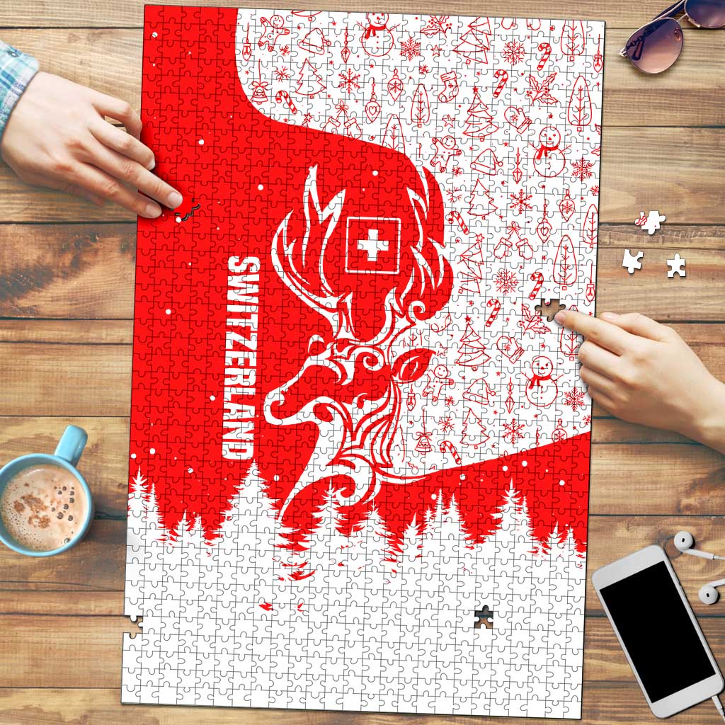 Switzerland Christmas Puzzle with Red Reindeer Snow Forest and Holiday Icon - Wonder Print Shop