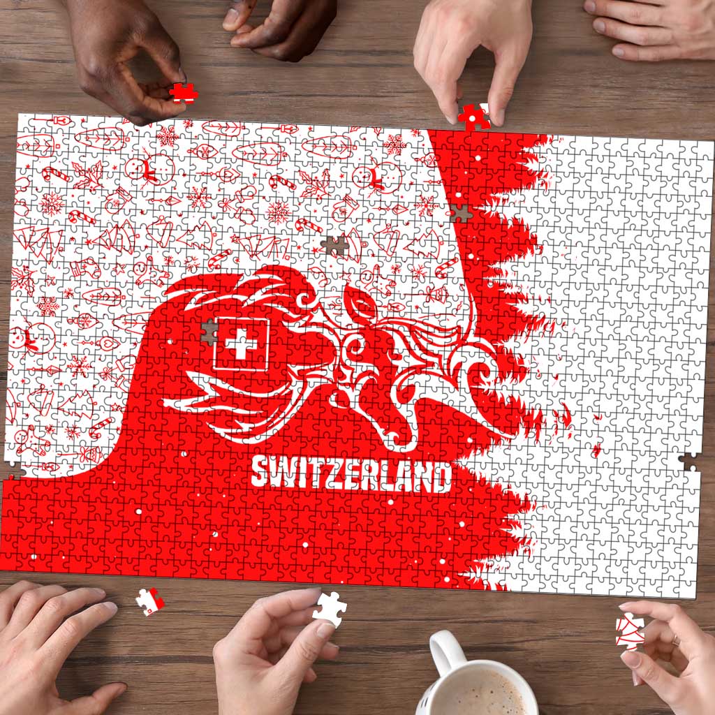 Switzerland Christmas Puzzle with Red Reindeer Snow Forest and Holiday Icon - Wonder Print Shop