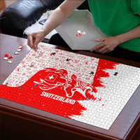 Switzerland Christmas Puzzle with Red Reindeer Snow Forest and Holiday Icon - Wonder Print Shop