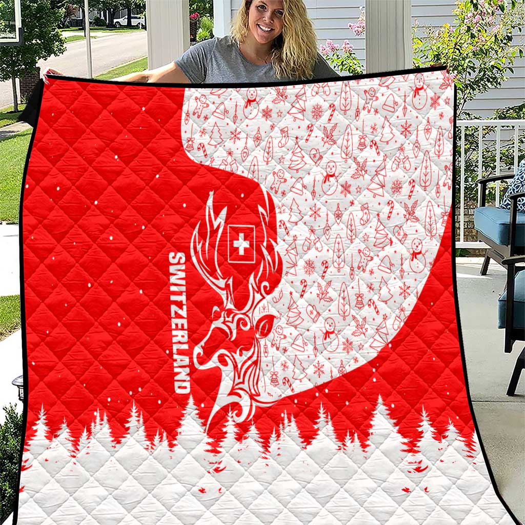 Switzerland Christmas Quilt with Red Reindeer Snow Forest and Holiday Icon - Wonder Print Shop