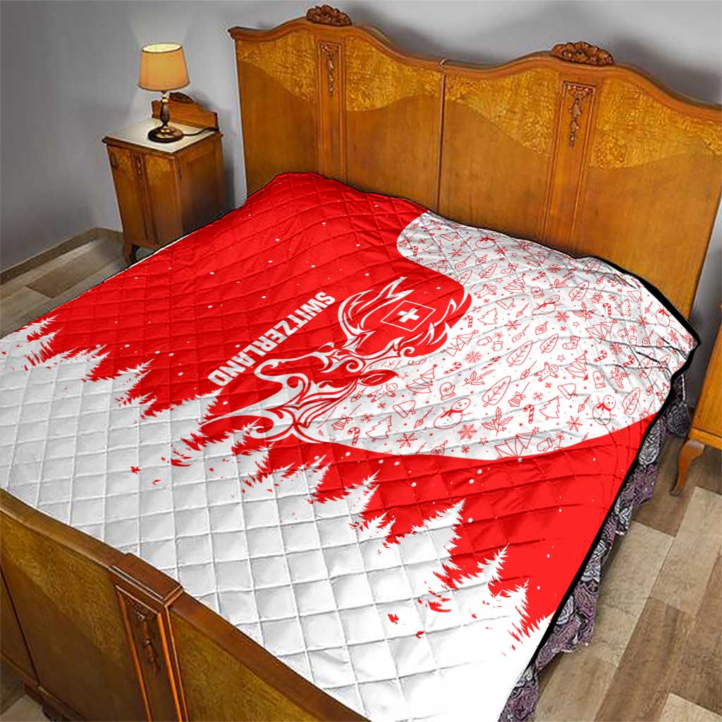 Switzerland Christmas Quilt with Red Reindeer Snow Forest and Holiday Icon - Wonder Print Shop