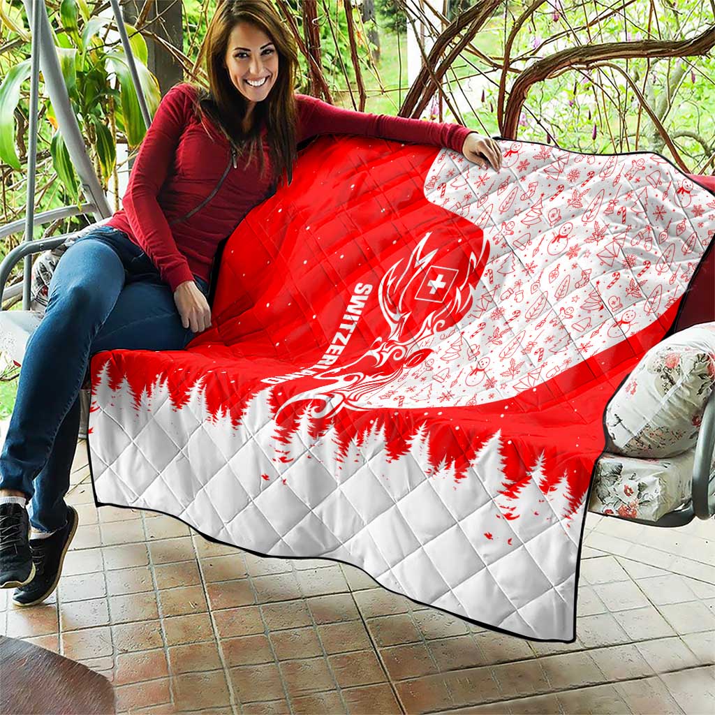 Switzerland Christmas Quilt with Red Reindeer Snow Forest and Holiday Icon - Wonder Print Shop