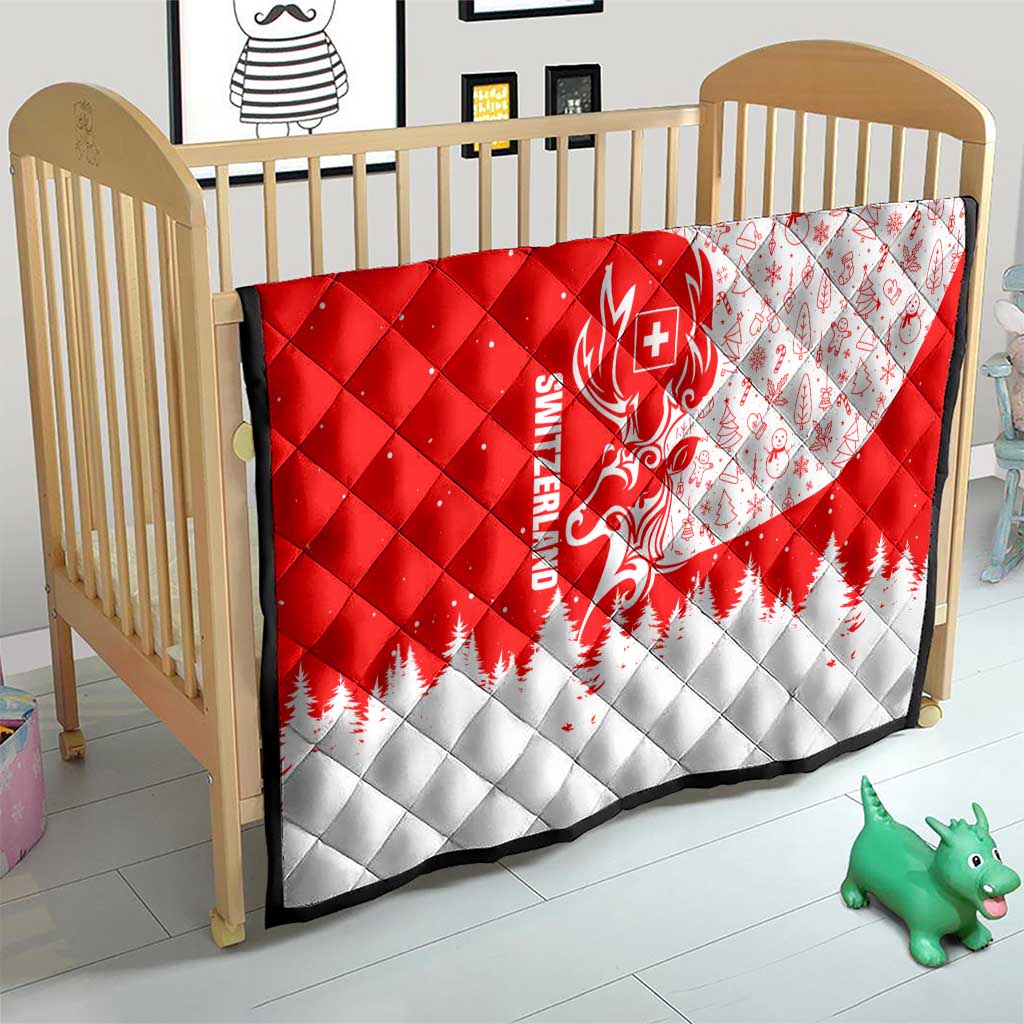Switzerland Christmas Quilt with Red Reindeer Snow Forest and Holiday Icon - Wonder Print Shop