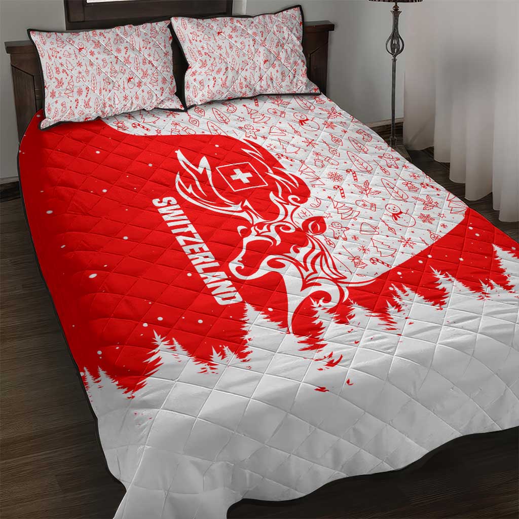 Switzerland Christmas Quilt Bed Set with Red Reindeer Snow Forest and Holiday Icon - Wonder Print Shop