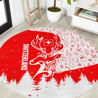 Switzerland Christmas Round Carpet with Red Reindeer Snow Forest and Holiday Icon - Wonder Print Shop
