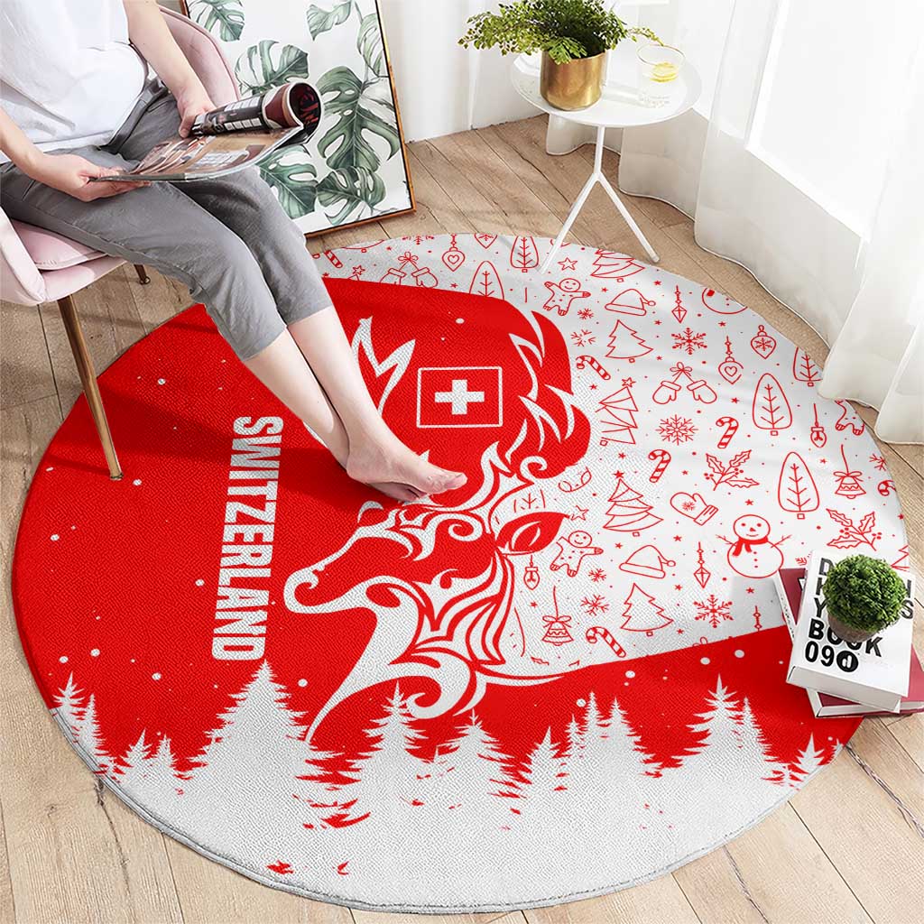 Switzerland Christmas Round Carpet with Red Reindeer Snow Forest and Holiday Icon - Wonder Print Shop