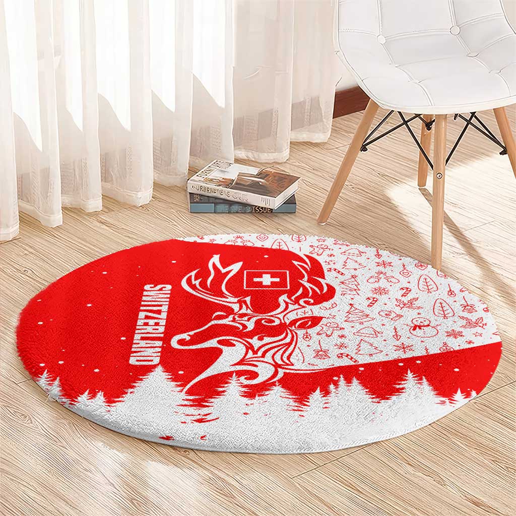 Switzerland Christmas Round Carpet with Red Reindeer Snow Forest and Holiday Icon - Wonder Print Shop