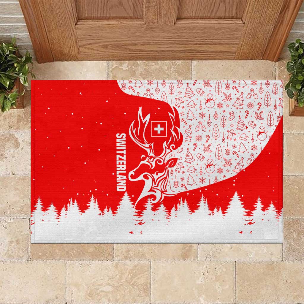 Switzerland Christmas Rubber Doormat with Red Reindeer Snow Forest and Holiday Icon - Wonder Print Shop