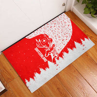Switzerland Christmas Rubber Doormat with Red Reindeer Snow Forest and Holiday Icon - Wonder Print Shop