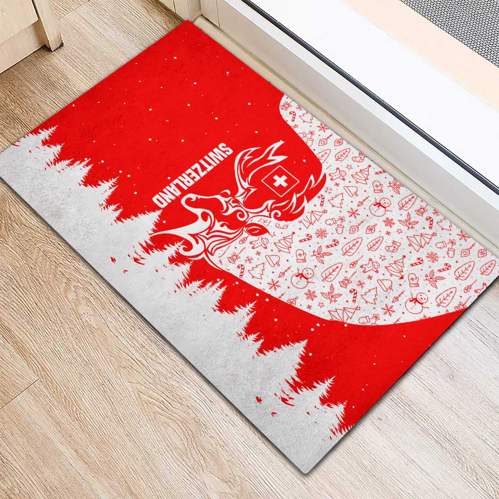 Switzerland Christmas Rubber Doormat with Red Reindeer Snow Forest and Holiday Icon - Wonder Print Shop
