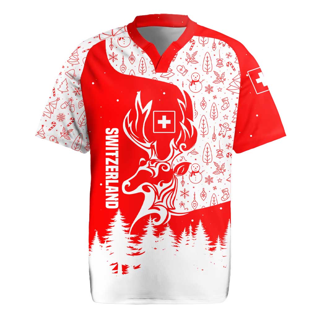 Switzerland Christmas Rugby Jersey with Red Reindeer Snow Forest and Holiday Icon - Wonder Print Shop