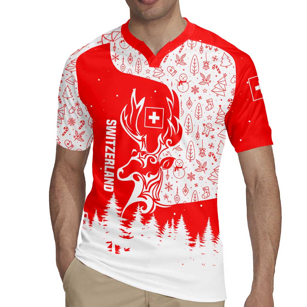 Switzerland Christmas Rugby Jersey with Red Reindeer Snow Forest and Holiday Icon - Wonder Print Shop