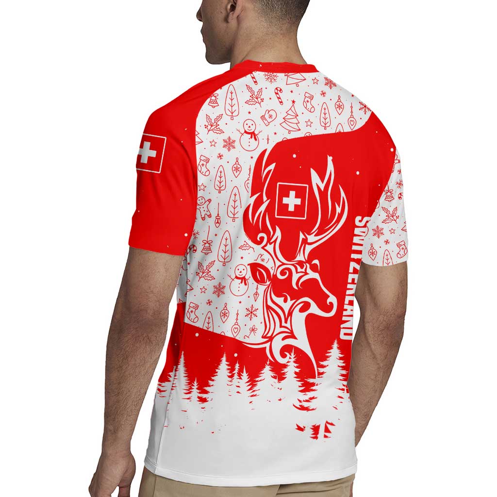 Switzerland Christmas Rugby Jersey with Red Reindeer Snow Forest and Holiday Icon - Wonder Print Shop