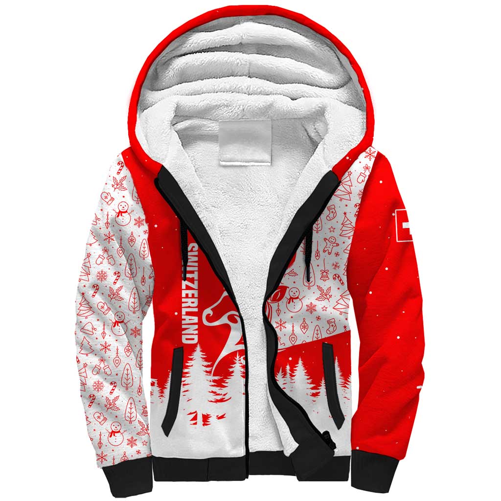 Switzerland Christmas Sherpa Hoodie with Red Reindeer Snow Forest and Holiday Icon - Wonder Print Shop