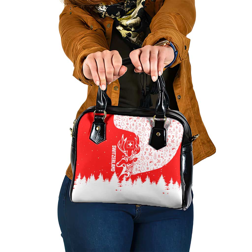 Switzerland Christmas Shoulder Handbag with Red Reindeer Snow Forest and Holiday Icon - Wonder Print Shop