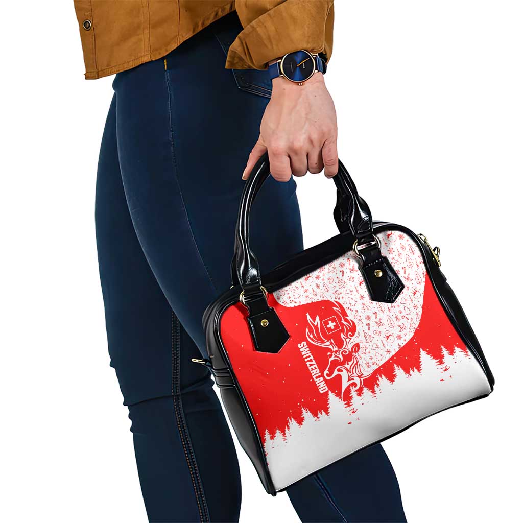 Switzerland Christmas Shoulder Handbag with Red Reindeer Snow Forest and Holiday Icon - Wonder Print Shop
