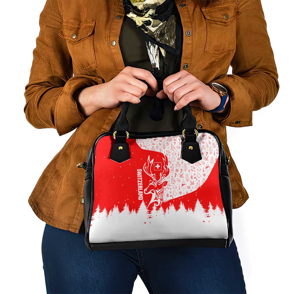 Switzerland Christmas Shoulder Handbag with Red Reindeer Snow Forest and Holiday Icon - Wonder Print Shop