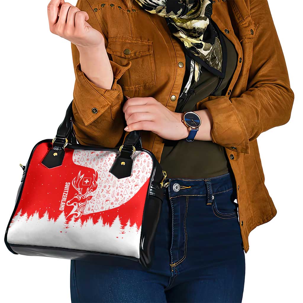 Switzerland Christmas Shoulder Handbag with Red Reindeer Snow Forest and Holiday Icon - Wonder Print Shop