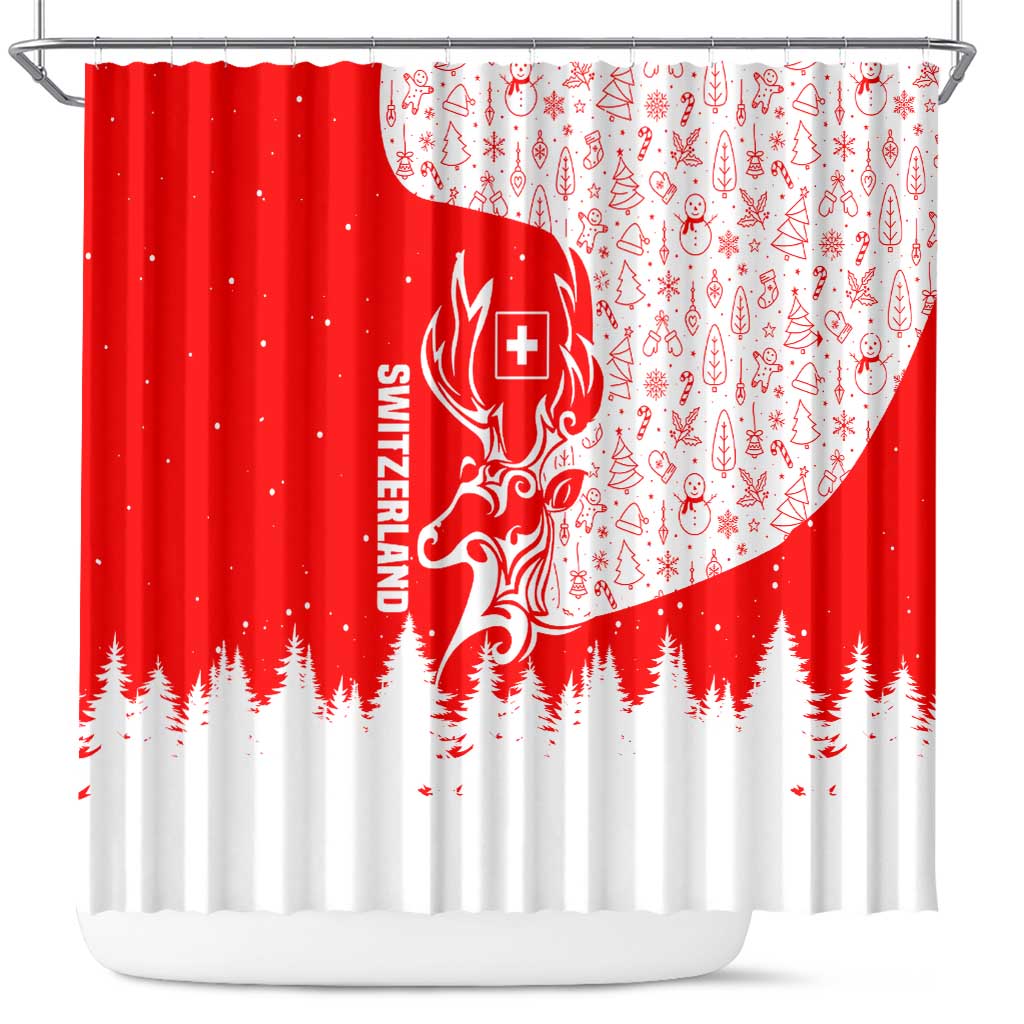 Switzerland Christmas Shower Curtain with Red Reindeer Snow Forest and Holiday Icon - Wonder Print Shop