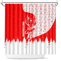 Switzerland Christmas Shower Curtain with Red Reindeer Snow Forest and Holiday Icon - Wonder Print Shop