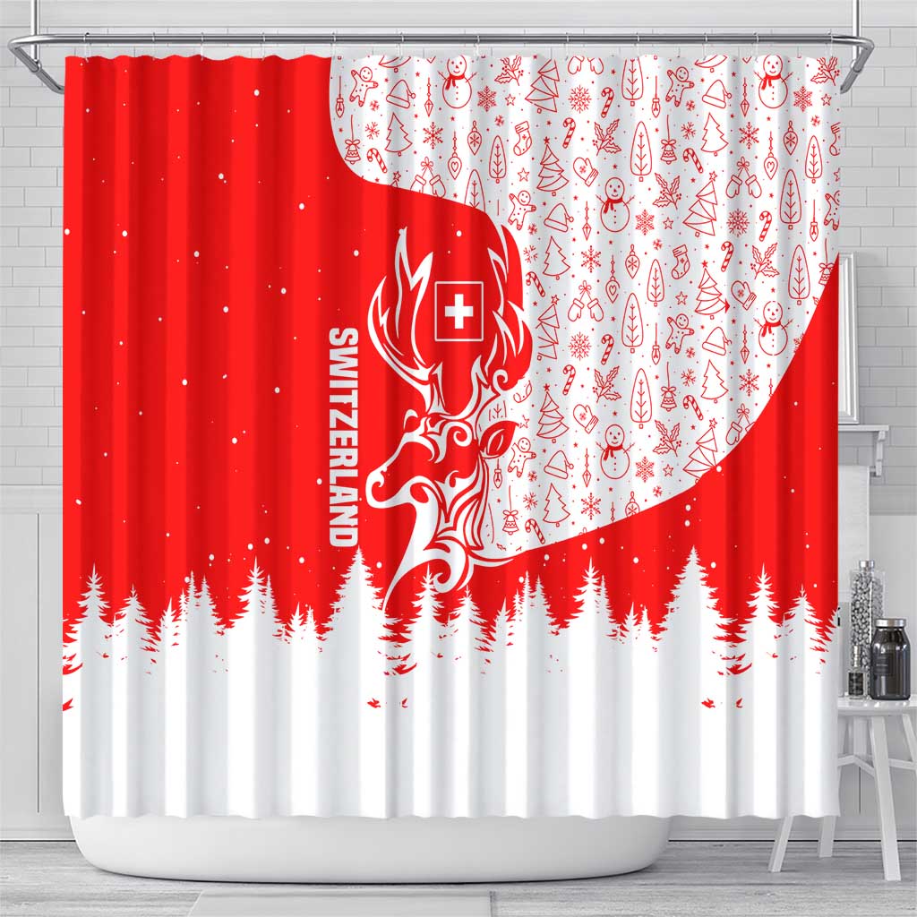 Switzerland Christmas Shower Curtain with Red Reindeer Snow Forest and Holiday Icon - Wonder Print Shop