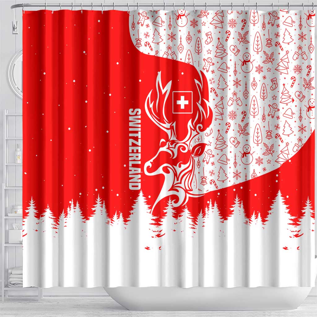 Switzerland Christmas Shower Curtain with Red Reindeer Snow Forest and Holiday Icon - Wonder Print Shop