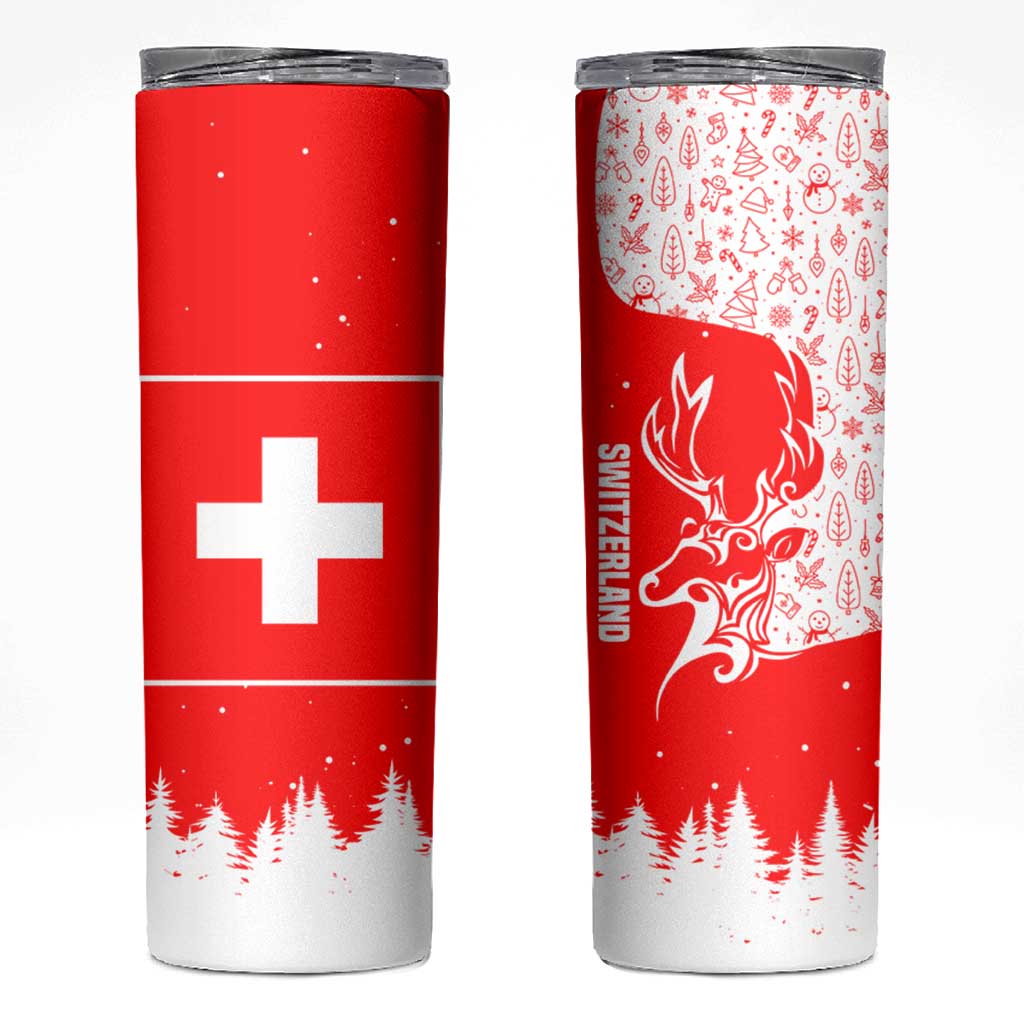 Switzerland Christmas Skinny Tumbler with Red Reindeer Snow Forest and Holiday Icon - Wonder Print Shop