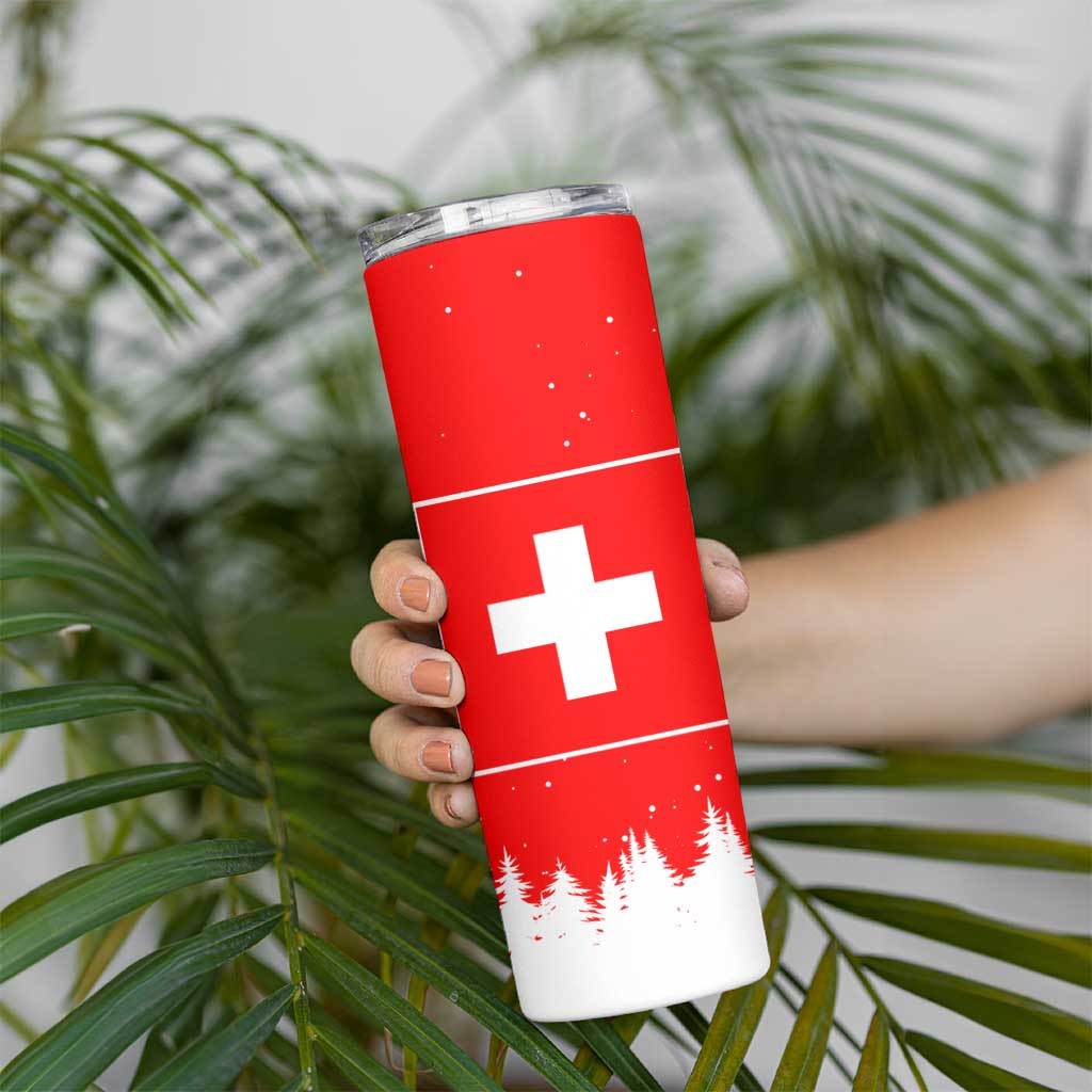 Switzerland Christmas Skinny Tumbler with Red Reindeer Snow Forest and Holiday Icon - Wonder Print Shop