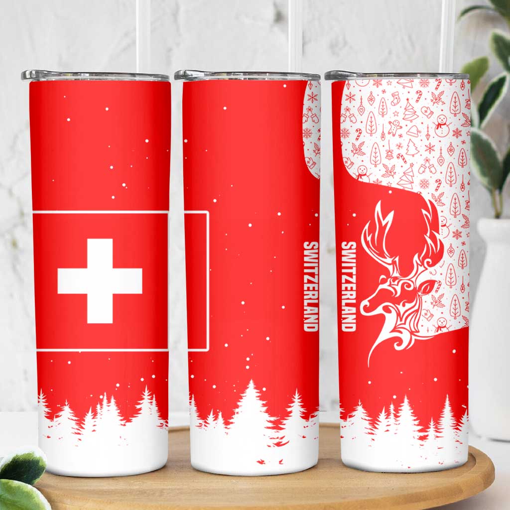 Switzerland Christmas Skinny Tumbler with Red Reindeer Snow Forest and Holiday Icon - Wonder Print Shop