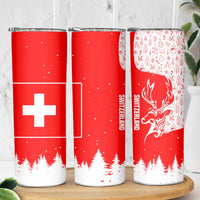 Switzerland Christmas Skinny Tumbler with Red Reindeer Snow Forest and Holiday Icon - Wonder Print Shop
