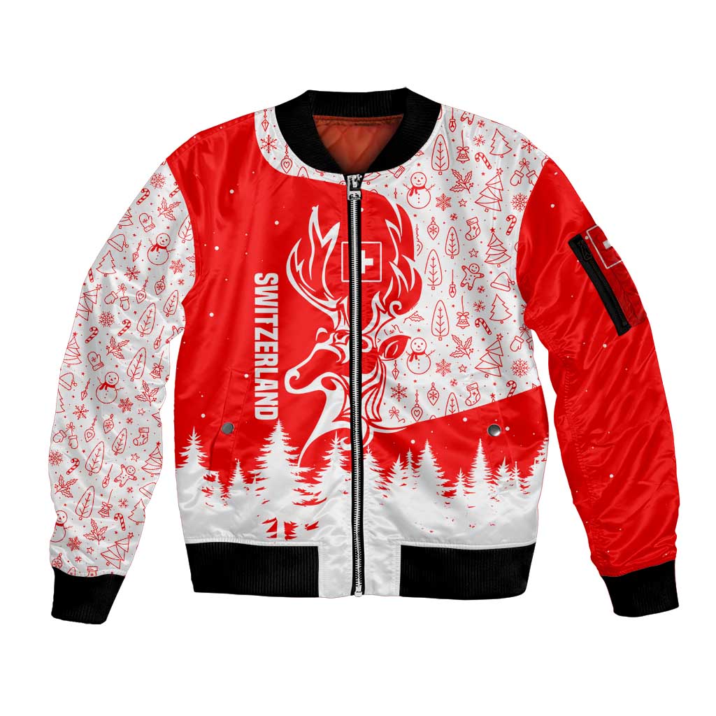 Switzerland Christmas Sleeve Zip Bomber Jacket with Red Reindeer Snow Forest and Holiday Icon - Wonder Print Shop