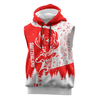 Switzerland Christmas Sleeveless Hoodie with Red Reindeer Snow Forest and Holiday Icon - Wonder Print Shop
