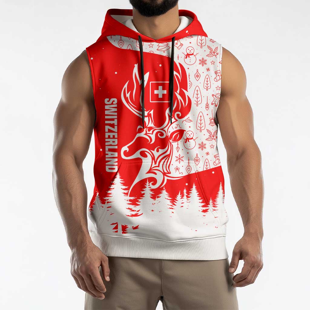 Switzerland Christmas Sleeveless Hoodie with Red Reindeer Snow Forest and Holiday Icon - Wonder Print Shop