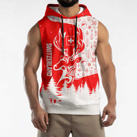 Switzerland Christmas Sleeveless Hoodie with Red Reindeer Snow Forest and Holiday Icon - Wonder Print Shop