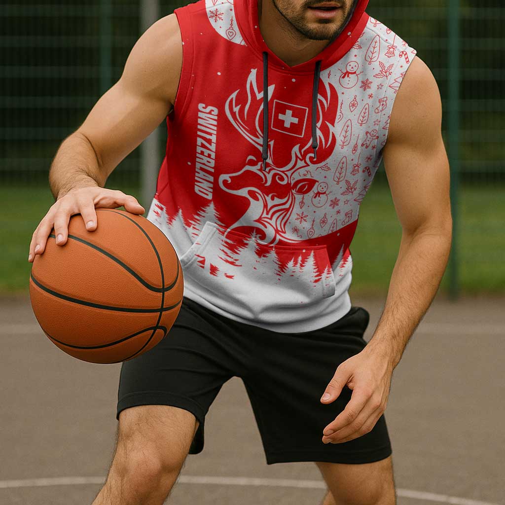 Switzerland Christmas Sleeveless Hoodie with Red Reindeer Snow Forest and Holiday Icon - Wonder Print Shop