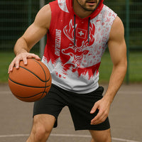 Switzerland Christmas Sleeveless Hoodie with Red Reindeer Snow Forest and Holiday Icon - Wonder Print Shop