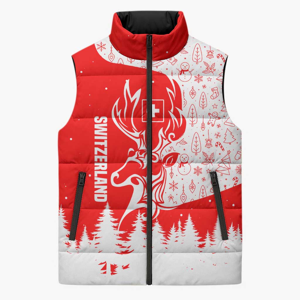 Switzerland Christmas Sleeveless Puffer Jacket with Red Reindeer Snow Forest and Holiday Icon - Wonder Print Shop
