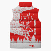 Switzerland Christmas Sleeveless Puffer Jacket with Red Reindeer Snow Forest and Holiday Icon - Wonder Print Shop
