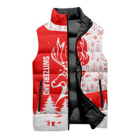 Switzerland Christmas Sleeveless Puffer Jacket with Red Reindeer Snow Forest and Holiday Icon - Wonder Print Shop