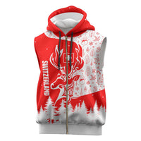 Switzerland Christmas Sleeveless Zip Hoodie with Red Reindeer Snow Forest and Holiday Icon - Wonder Print Shop