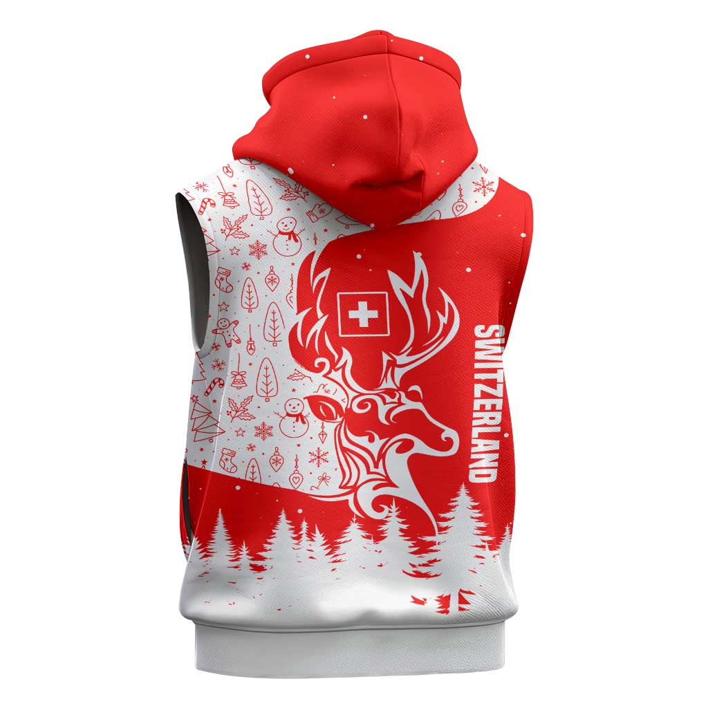 Switzerland Christmas Sleeveless Zip Hoodie with Red Reindeer Snow Forest and Holiday Icon - Wonder Print Shop