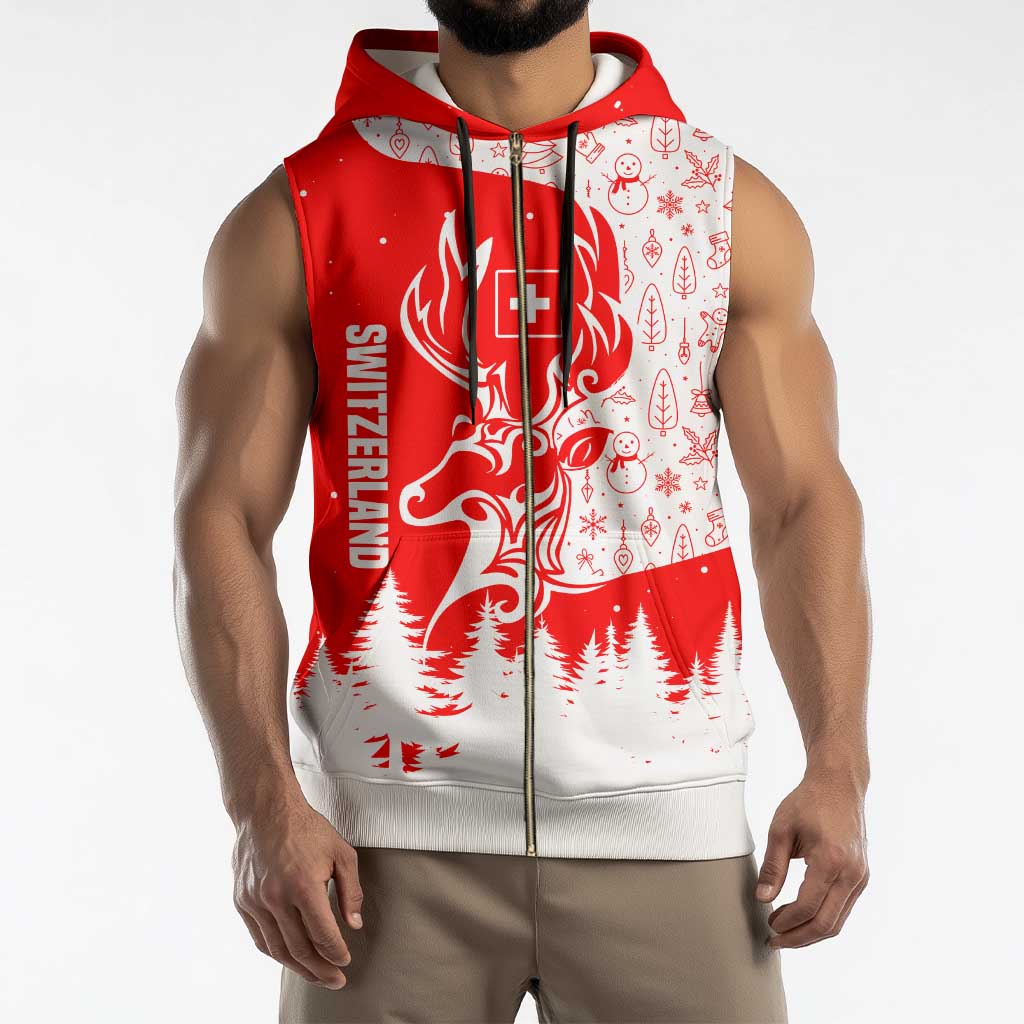 Switzerland Christmas Sleeveless Zip Hoodie with Red Reindeer Snow Forest and Holiday Icon - Wonder Print Shop