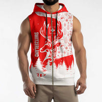 Switzerland Christmas Sleeveless Zip Hoodie with Red Reindeer Snow Forest and Holiday Icon - Wonder Print Shop